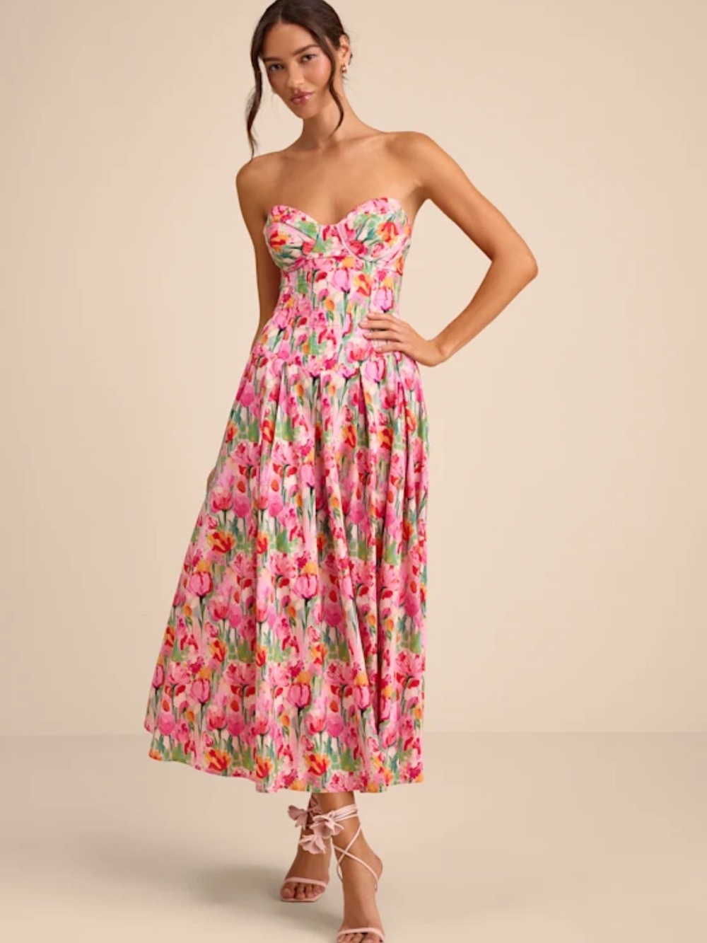 Lulu's Pink Floral Strapless Midi Dress